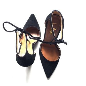 Angela Black Suede Lace-Up Heels.